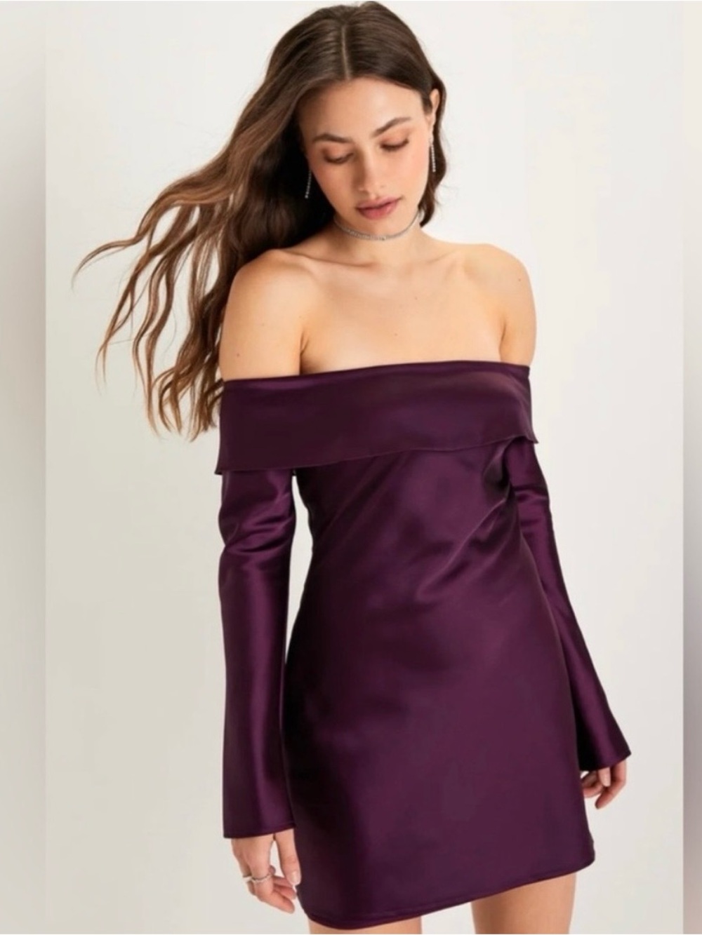 Lulu's Luxurious Vision Off-Shoulder Satin Mini Dress in Plum
